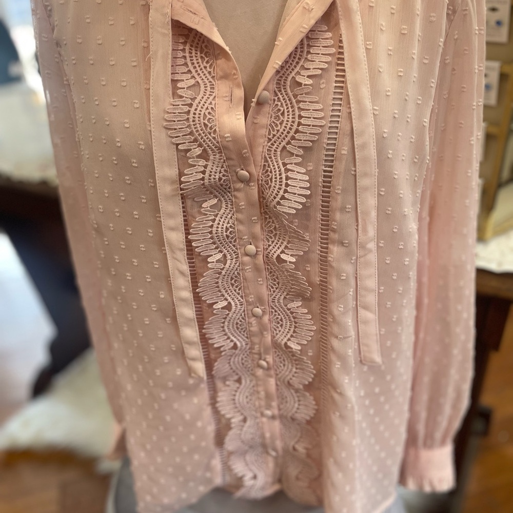 3/$25 Ricki's Blush Pink Lace-Trim Tie-Neck Blouse